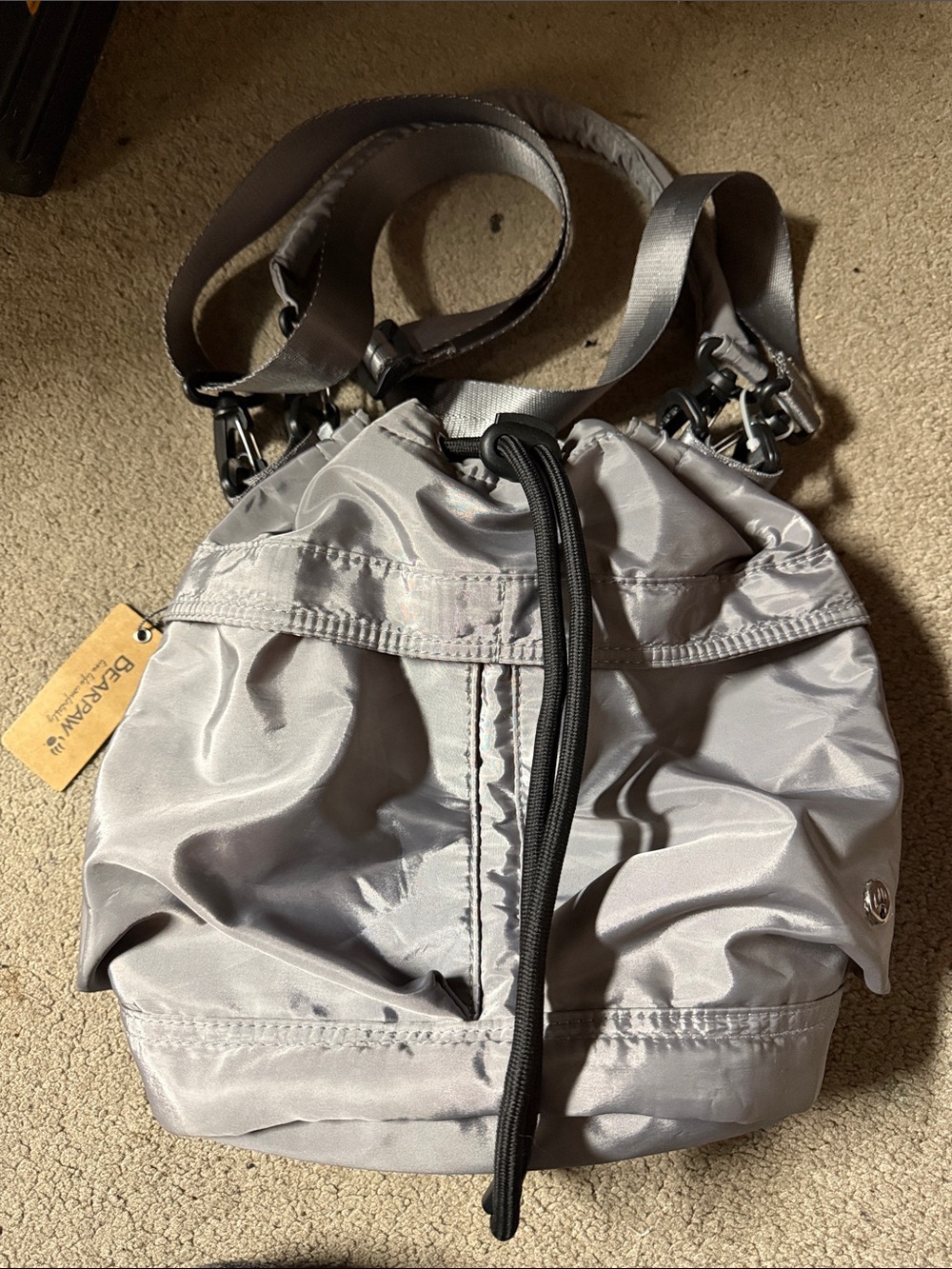 BearPaw Pastel Gray Drawstring
Crossbody Bucket Bag NWT